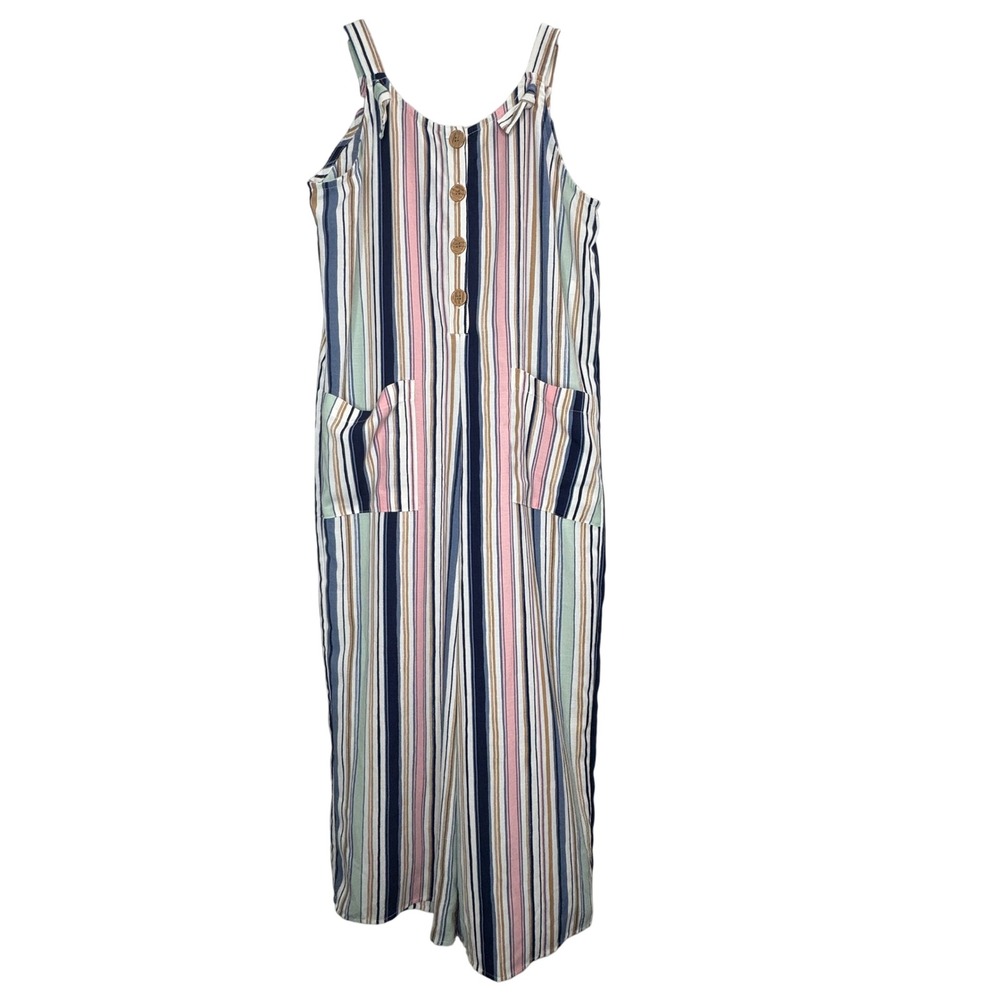 Lilt XL Striped Jumpsuit‎ Sleeveless Button Front Tie Straps Pockets